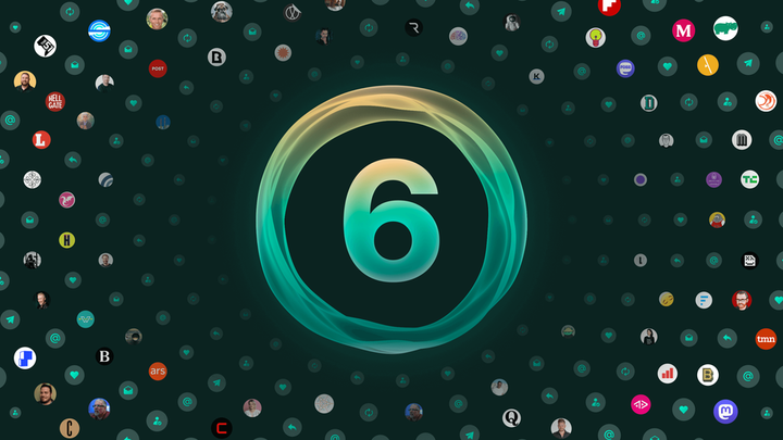 Alt text from Google Gemini: A glowing, futuristic ring with a large number 6 at its center, surrounded by dozens of circles with social media logos and user profile pictures.
